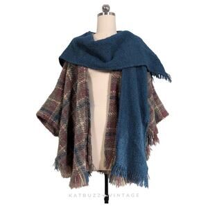 Boyne Valley Wool Cape Poncho Wrap OS Blue Brown Plaid Woven Irish Outlander